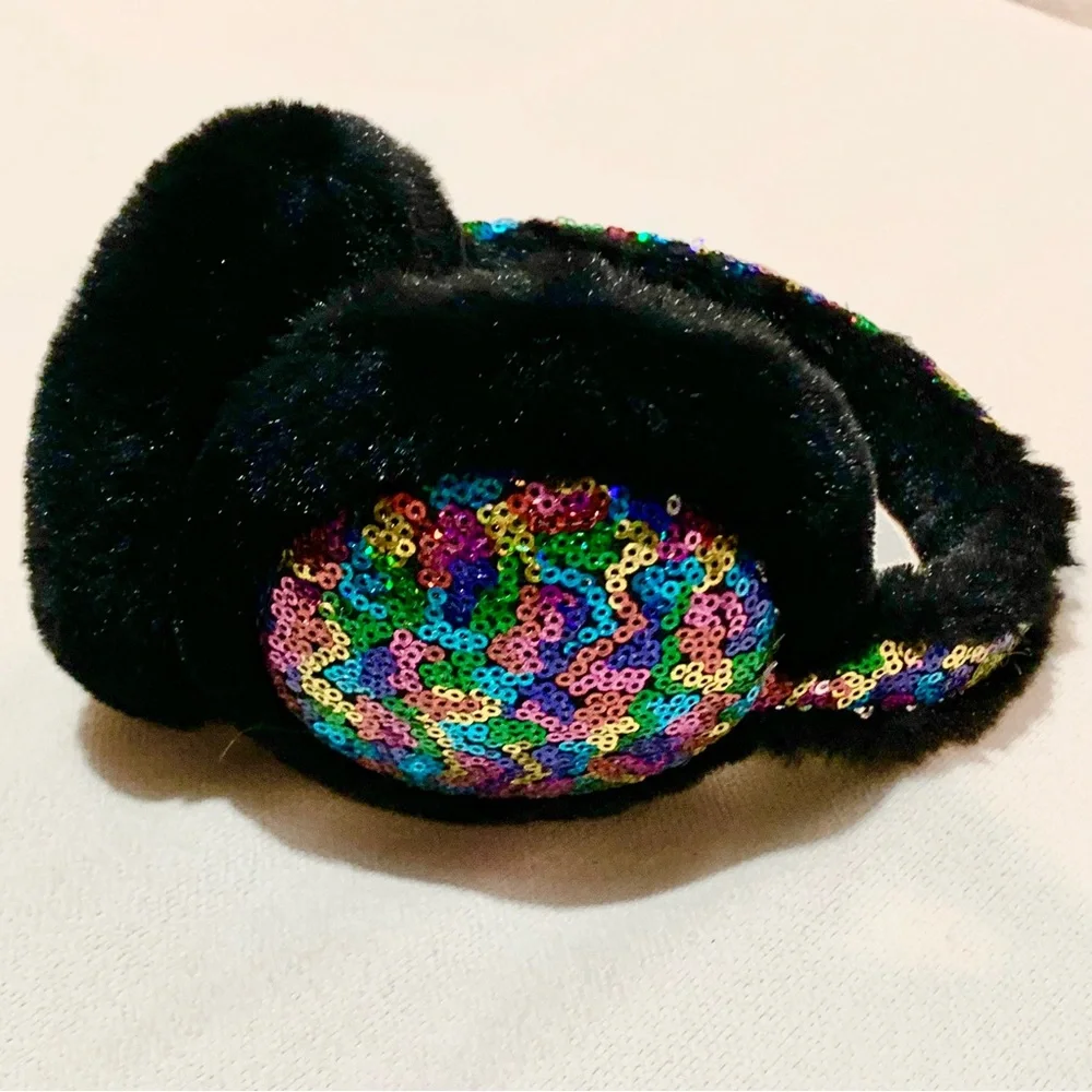 Girl’s Black Faux Fur Ear Muffs with Rainbow Sequins O/S More than Magic EUC OBO